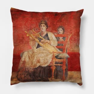 SEATED WOMAN PLAYING A LYRE POMPEII ANTIQUE ROMAN FRESCO IN RED Pillow