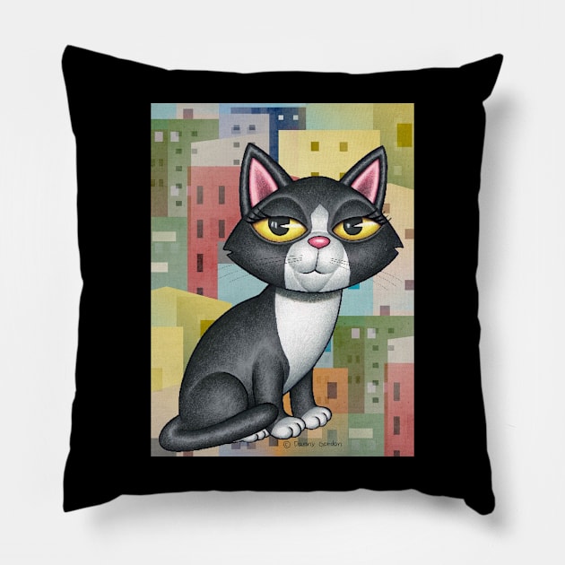 Black and white kitty cat with a cityscape with orange and yellow Pillow by Danny Gordon Art