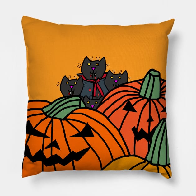 Vampire Cats and Halloween Horror Pumpkins Pillow by ellenhenryart
