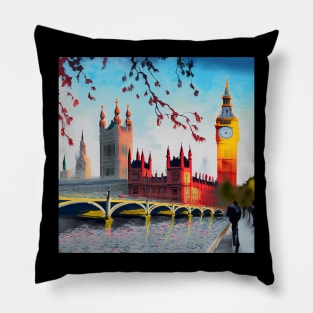 Oil on canvas, London street. A work of art. Big Ben and the Red Tree. To England Pillow