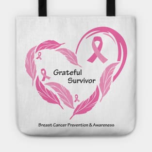 Breast cancer survivor with feathers, ribbons & black type Tote