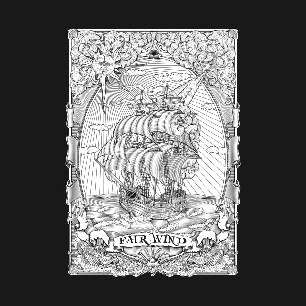 "Fair wind" Marine illustration printed in white on dark by Gopasha ART