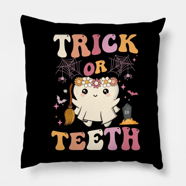 Trick Or Teeth Ghost Groovy Dental Halloween Treat Dentist Pillow by James Green