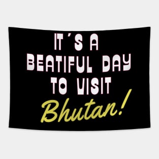 Bhutan, Asia. White text. Gift Ideas For The Travel Enthusiast. Tapestry