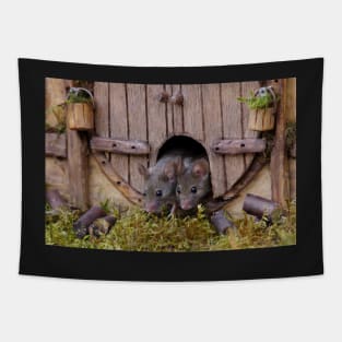 George the mouse in a log pile house - double trouble Tapestry