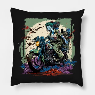 Zombie Girl riding a motorcycle Pillow