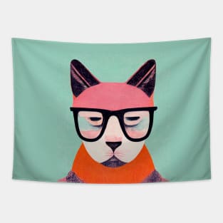 The Hipster Cat Retro Poster Vintage Art Cat Wall Glasses Pink Illustration Tapestry