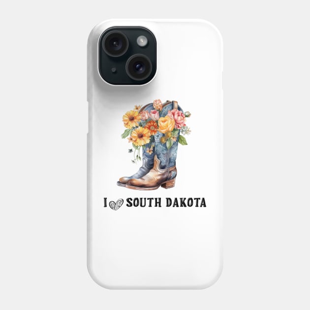 I Love South Dakota Boho Cowboy Boots with Flowers Watercolor Art Phone Case by AdrianaHolmesArt