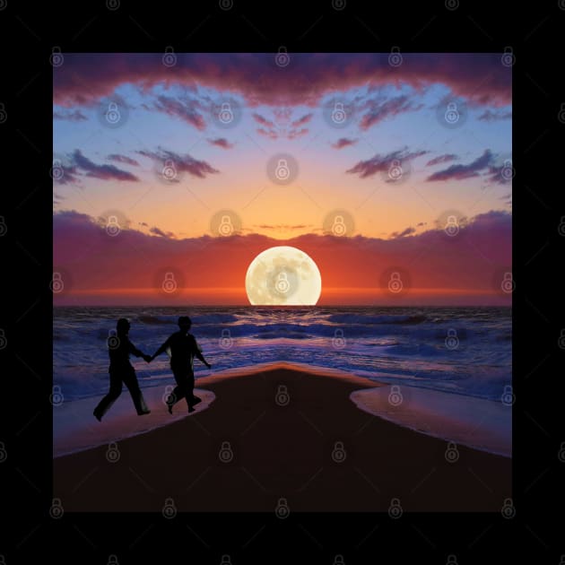 Valentine Wall Art - Cosmic date setting moon by the sea - Unique Valentine Fantasy Planet Landsape - Photo print, canvas, artboard print, Canvas Print and T shirt by DigillusionStudio