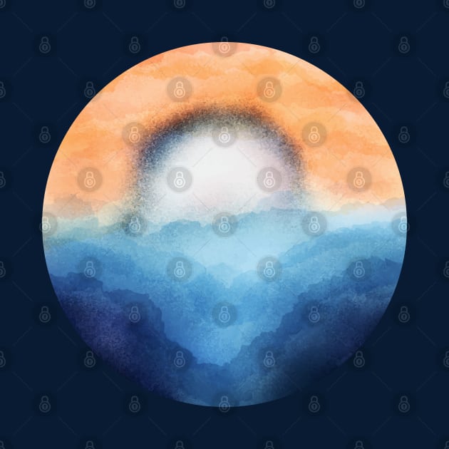 Vibrant Moon Rising Over The Mountains and Waves Abstract Digital WaterColor Art by Insightly Designs