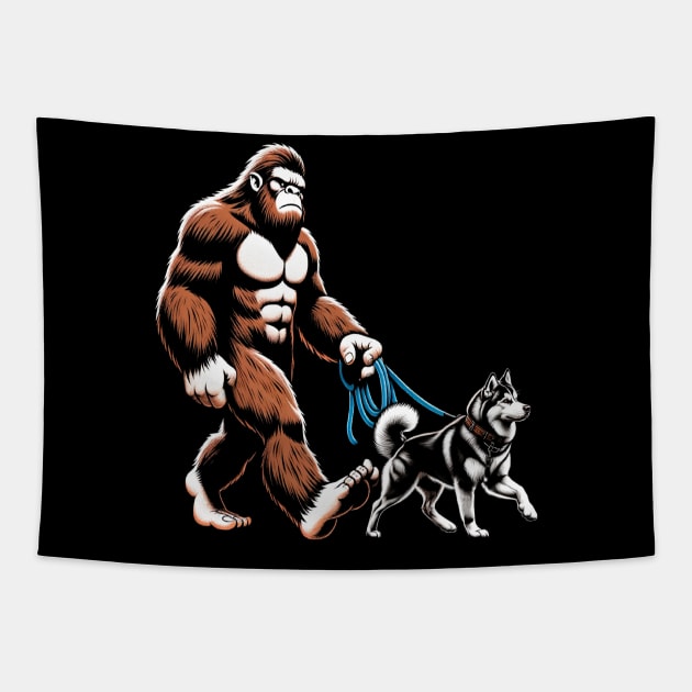 Bigfoot Walking Siberian Huskies Dog Tee Triumph for Dog Lovers Tapestry by Kevin Jones Art