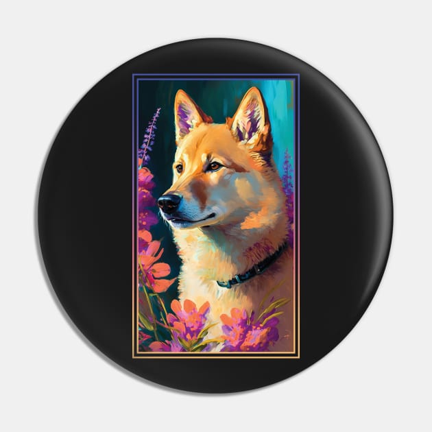 Jindo Dog Vibrant Tropical Flower Tall Digital Oil Painting Portrait Pin by ArtHouseFlunky