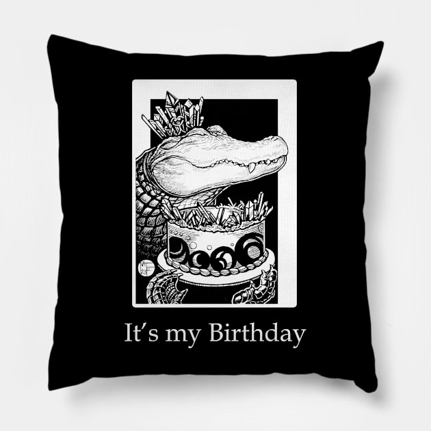 Alligator & Crystal Cake - It's My Birthday - White Outlined Version Pillow by Nat Ewert Art