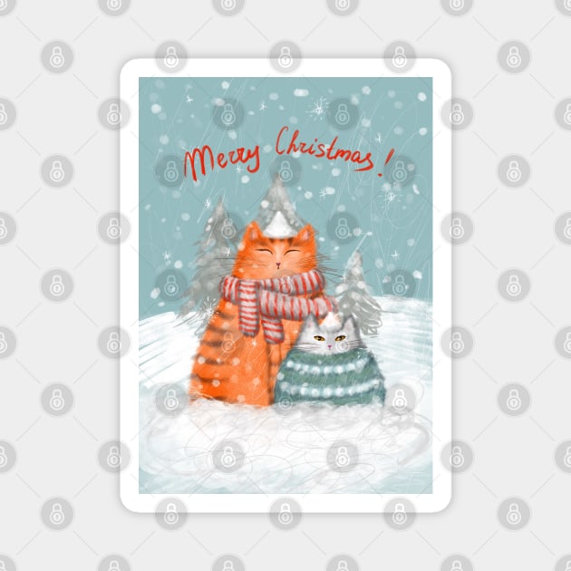 Merry Christmas greeting winter card with cute fluffy cats in red Santa hats and scarves. Magnet by Olena Tyshchenko