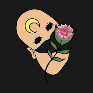 Surreal Face with Moon on Forehead and Pink Gerber Daisy T-Shirt