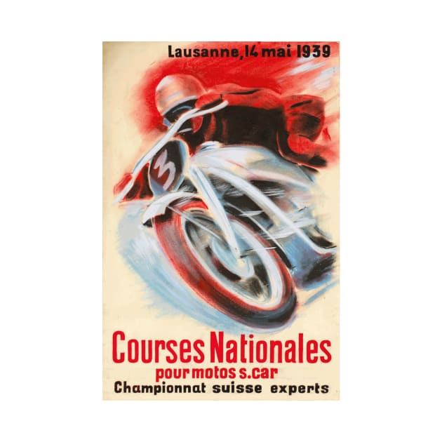 1939 Swiss Motorcycle Racing Championship, Lausanne, Switzerland - Vintage Poster Art by Naves