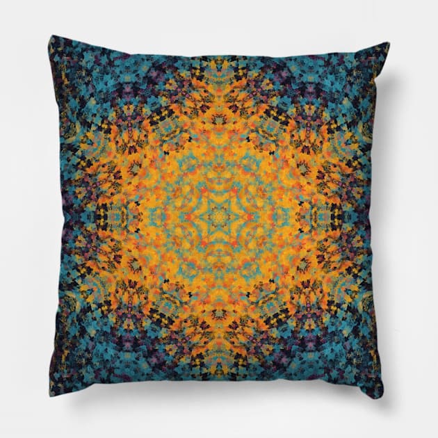 Digital Mandala Yellow Blue and Red Pillow by WormholeOrbital