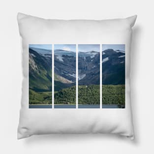 Wonderful landscapes in Norway. Nordland. Beautiful scenery of Svartisen glacier. Engabreen from the Holandsfjorden view. Mountains, trees, rocks and houses in background Pillow