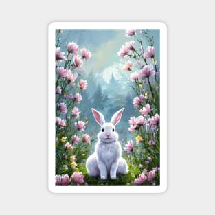 Fluffy white bunny rabbit in the woods with pink flowers Magnet