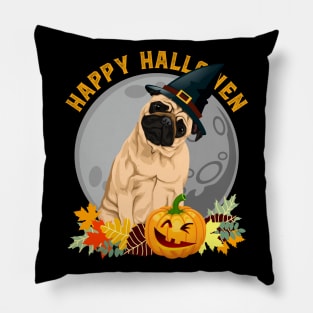 Happy Halloween Pug Dog and Pumpkin Pillow