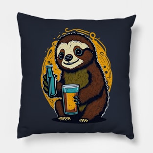 Cute Cartoonish Sloth With Beer Mug Pillow