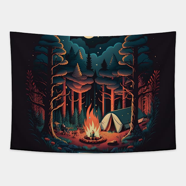 Camping Adventure in the Forest, Campfire Tapestry by dukito