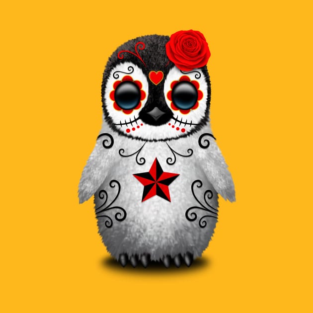 Red Day of the Dead Sugar Skull Penguin by jeffbartels