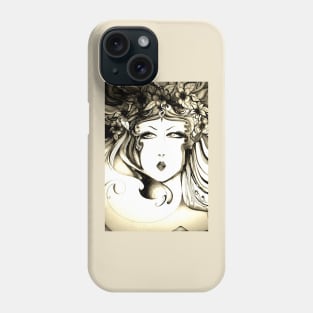 nouveau art print sketch lady floral face sepia drawing charcoal pen Phone Case