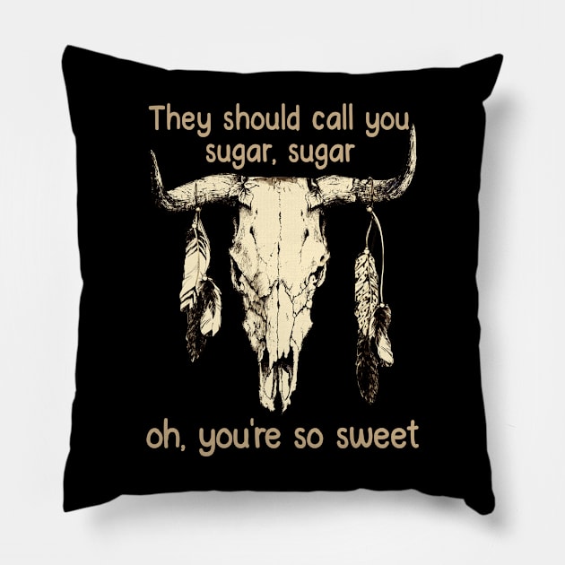 They Should Call You Sugar, Sugar, Oh, You're So Sweet Bull Cow Feathers Skull Pillow by Beetle Golf