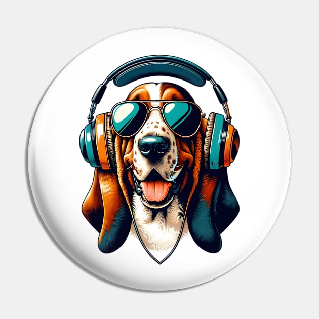 Basset Fauve de Bretagne Smiling DJ with Headphones Pin by ArtRUs