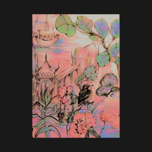 PINK ORIENTAL GARDEN , PAGODA DECO DESIGN , FLORAL ASIAN ART POSTER T-Shirt