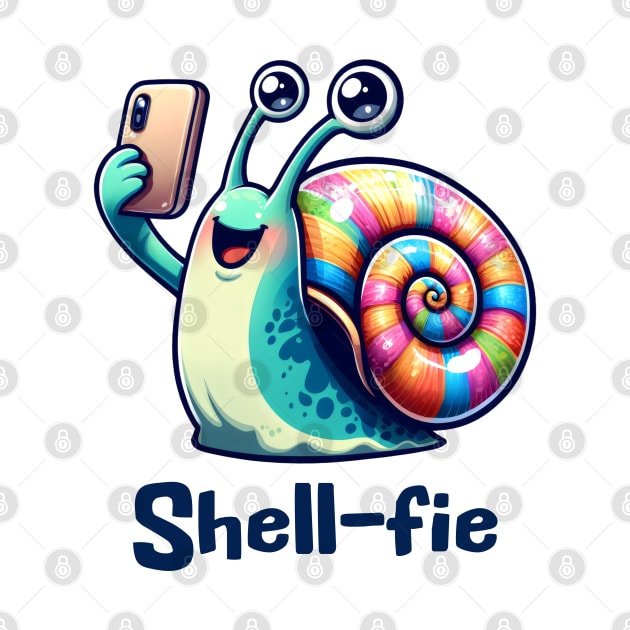 Cute happy snail taking a smartphone Shell-fie pun design by Luxinda