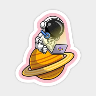 Cute Astronaut Playing Laptop On Planet Cartoon Magnet