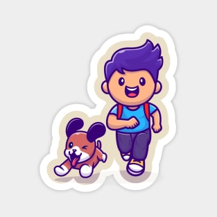 Cute Boy Running With Dog Cartoon Magnet