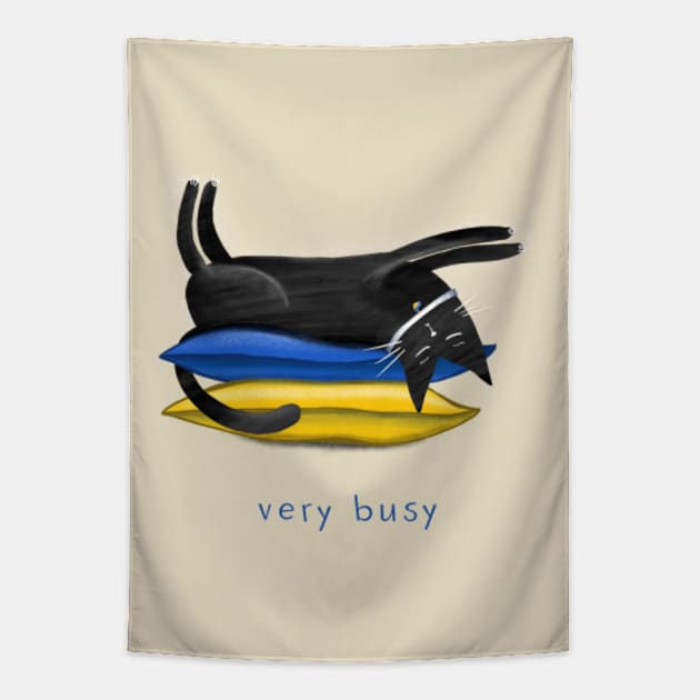 Cartoon black cat on soft pillows and the inscription "Very busy" Tapestry by Olena Tyshchenko