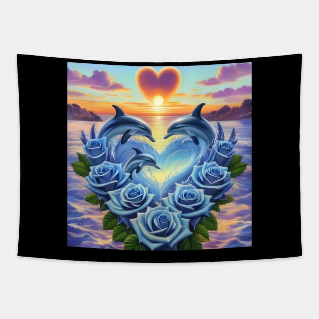 Dolphin Hearts Of Love With Blue Roses At Sunset 5 Tapestry by MiracleROLart