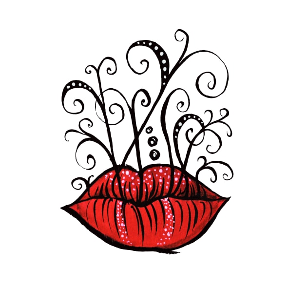 Weird lips and swirls ink drawing by Boriana Giormova