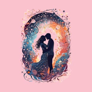 Vintage-Inspired Silhouette of a Couple in an Embrace - Valentine's Day T-Shirt