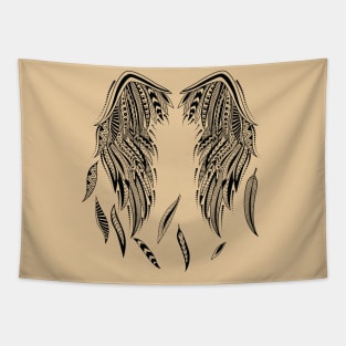 black print with wings and feathers stylized tattoo Tapestry