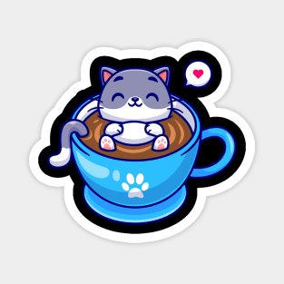 Cute Cat Sleeping In Coffee Cup Cartoon Magnet