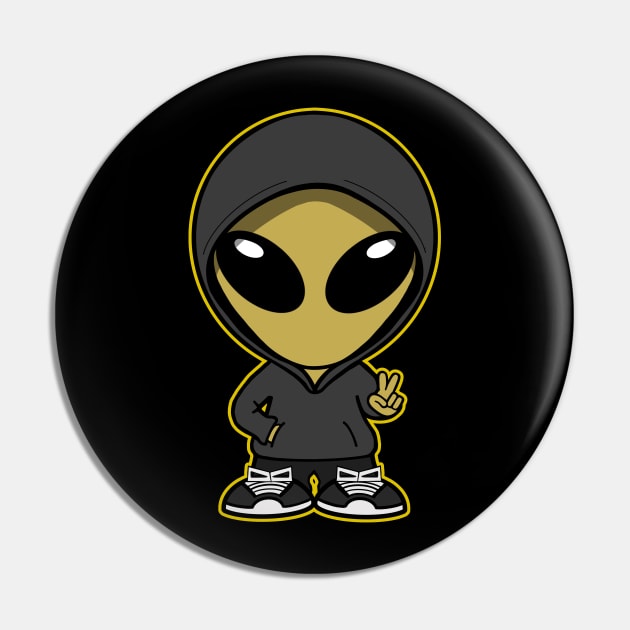 Hooded Space Alien Peace Hand Sign Yellow Pin by SpaceAlienTees