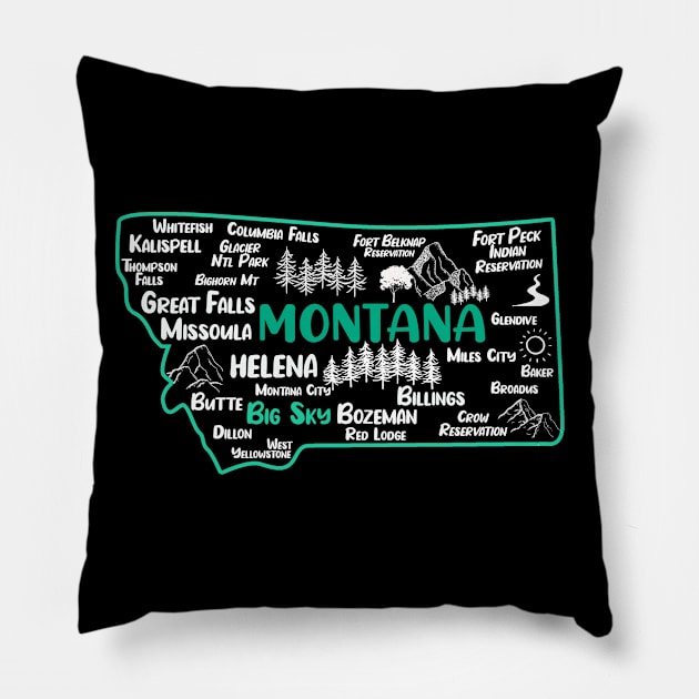 Cute map of Big Sky Montana, Helena, Missoula, Great Falls, Bozemian, Billings, Kalispell Pillow by BoogieCreates