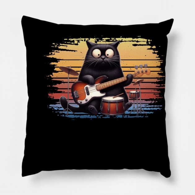 Retro Kitten Rock Band Cat Playing Drums and Guitar Pillow by Positive Designer