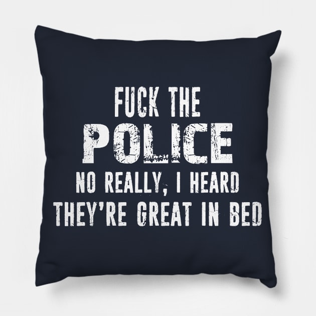 Police Officer Funny Police Good in Bed Distressed Typography Design Pillow by missalona