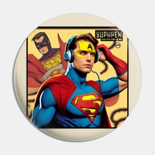 Unleash the Power: Superhero Soundscape Vinyl Record Artwork Pin