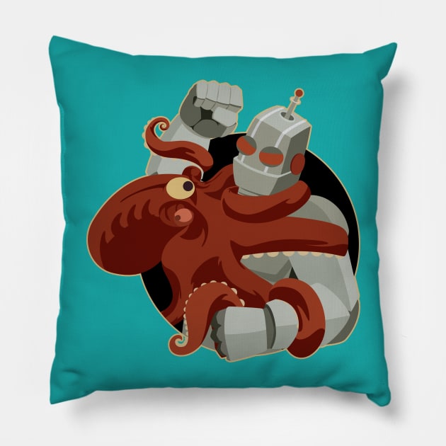 Robot Versus Cephalopods Pillow by monkeyminion