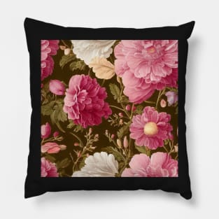 Vintage Floral Light Pink and White Flowers on Olive Green Pillow