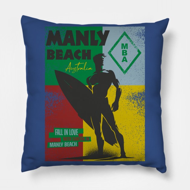 Manly Beach  sydney  Australia Surfer Silhouette Distressed Pillow by Alexander Luminova