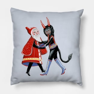 Father Christmas and Krampus dancing Pillow
