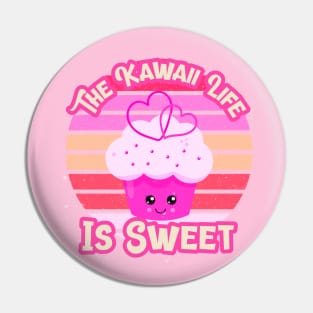 The Kawaii Life Is Sweet: Pink Cupcake With Retro Vintage Sunset Background Pin